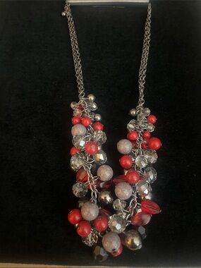 Red and Gray Beaded Cluster Necklace - Women Jewelry NEW!